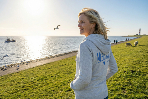 Zip-Hoodie „Meerweh“ - Farbe Mittelgrau - Druck Blau